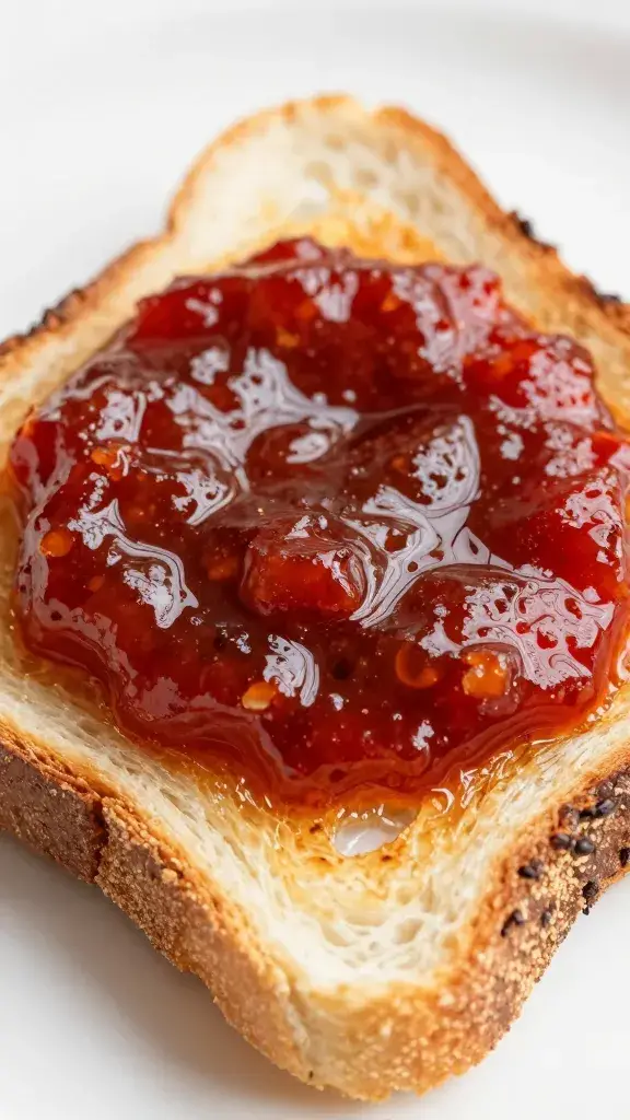 Closeup of glossy chili jam on toasted sourdough