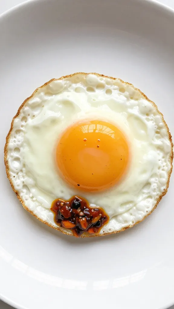 Single fried egg topped with nam prik pao