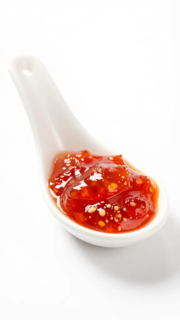 White ceramic spoon holding Thai chili jam