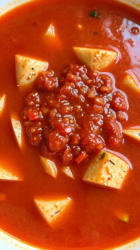 Stirred tom yum surface tinted by chili jam