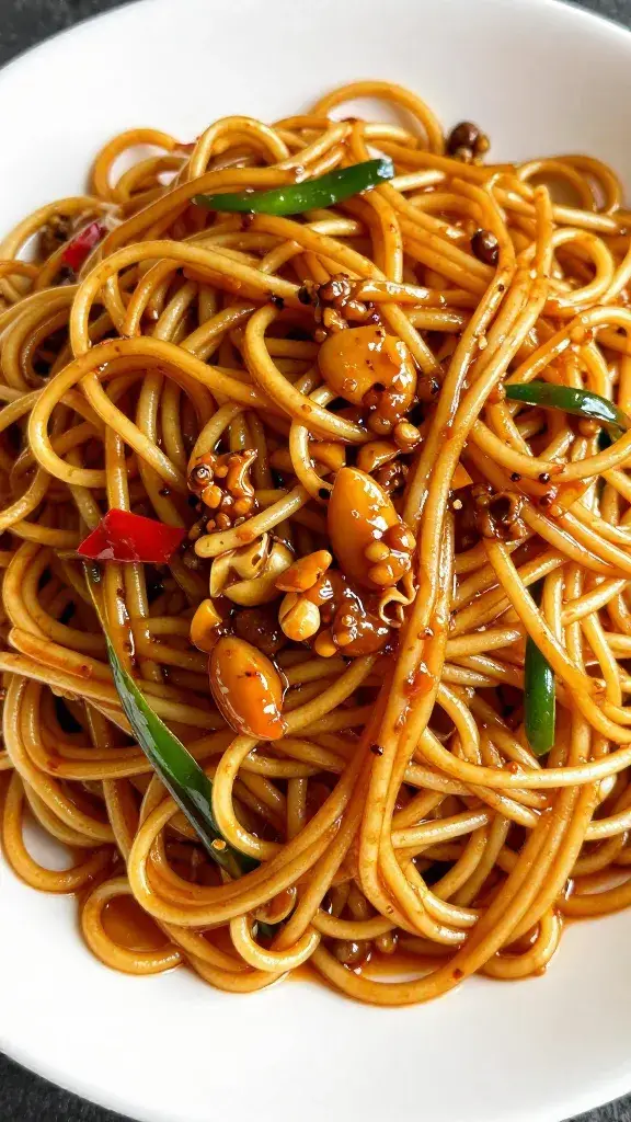 Wok-tossed noodles slicked with nam prik pao