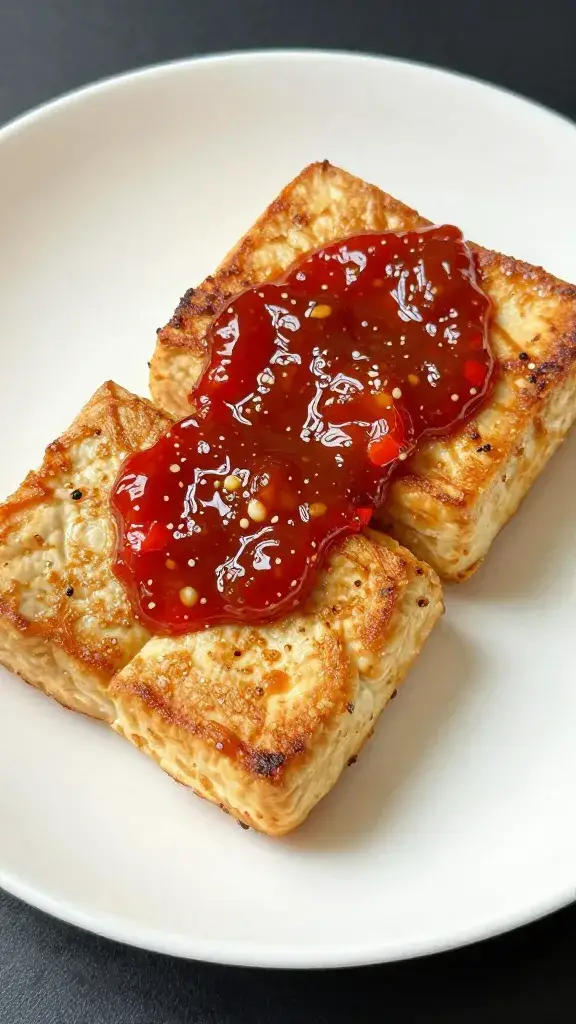 Seared tofu steak brushed with chili jam