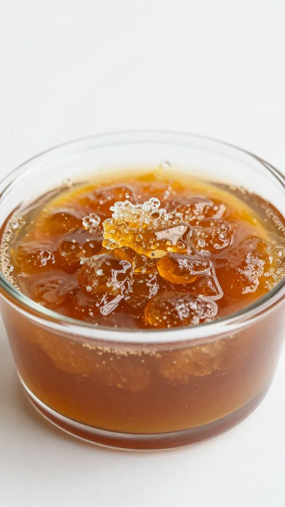 Palm-sugar sheen on nam prik pao in glass ramekin