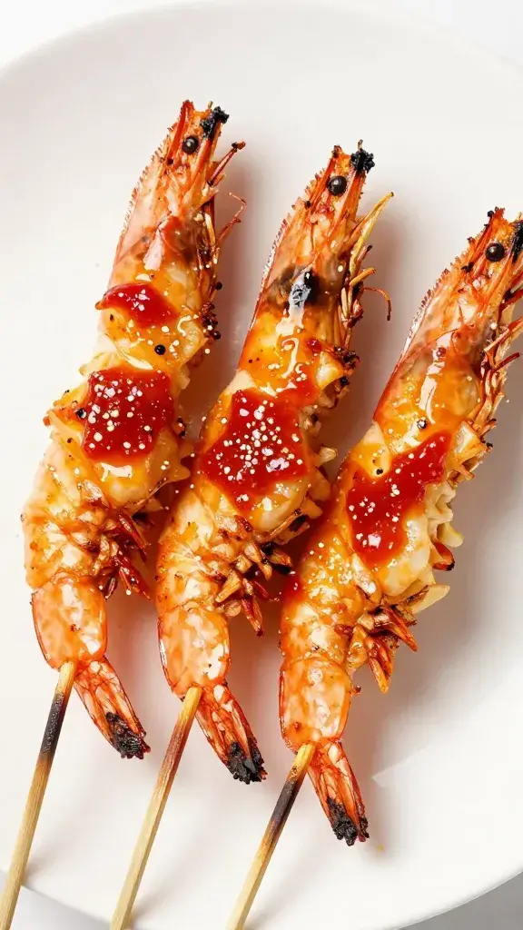 Charred shrimp skewer lacquered with Thai chili jam