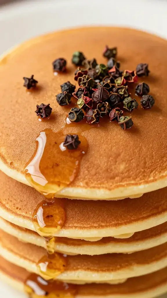 closeup of pancakes drizzled with Sichuan peppercorn maple