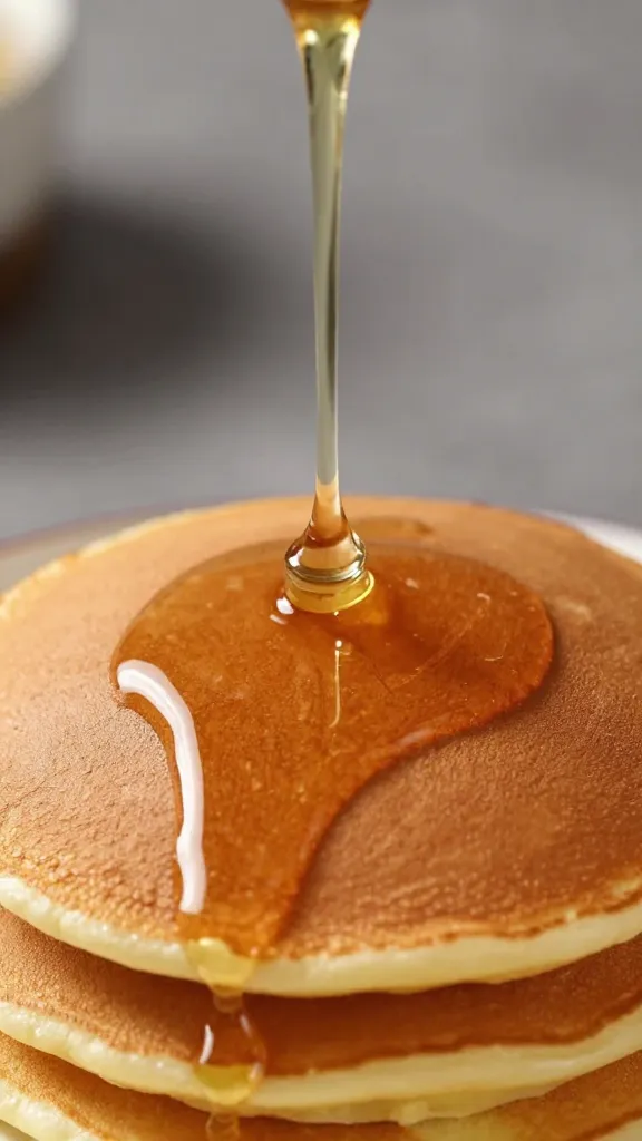 syrup stream mid-pour onto golden pancake surface