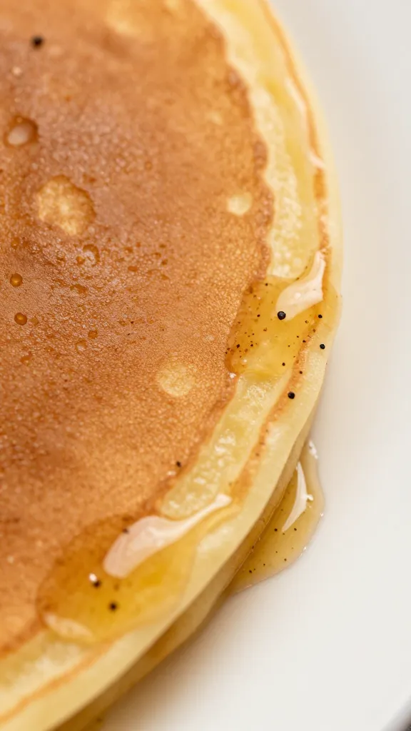 macro of syrup-coated pancake edge with pepper specks