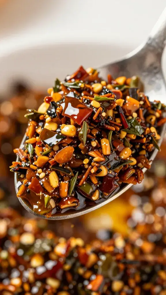 spoonful of chili crisp fines herbes, glossy oil closeup