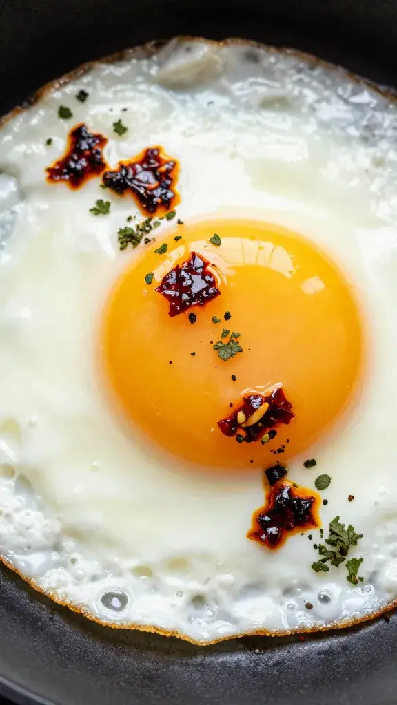 fried egg topped with chili crisp fines herbes, macro