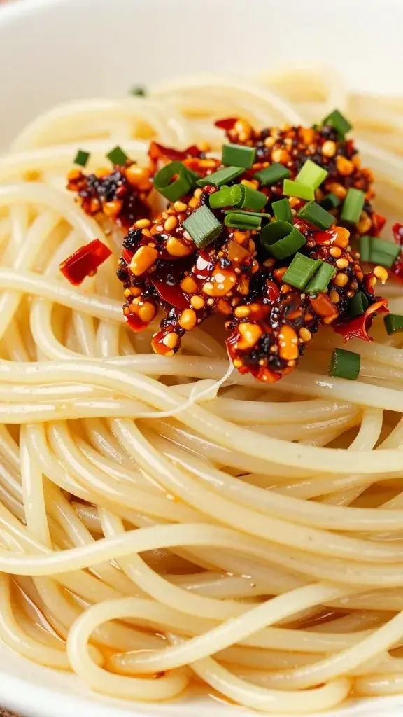 steamed noodle nest with chili crisp fines herbes, closeup