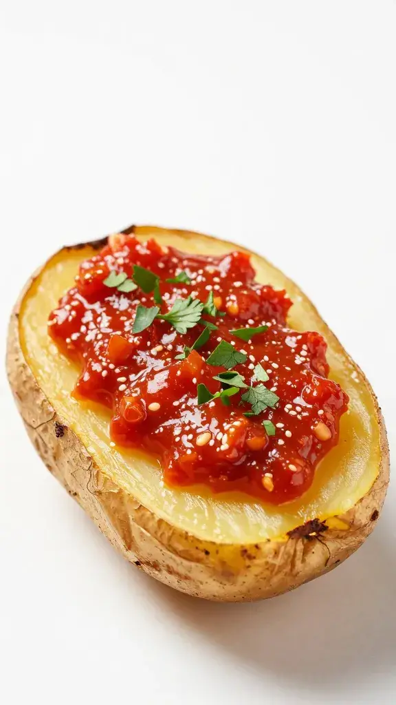 roasted potato half smeared with chili crisp fines herbes