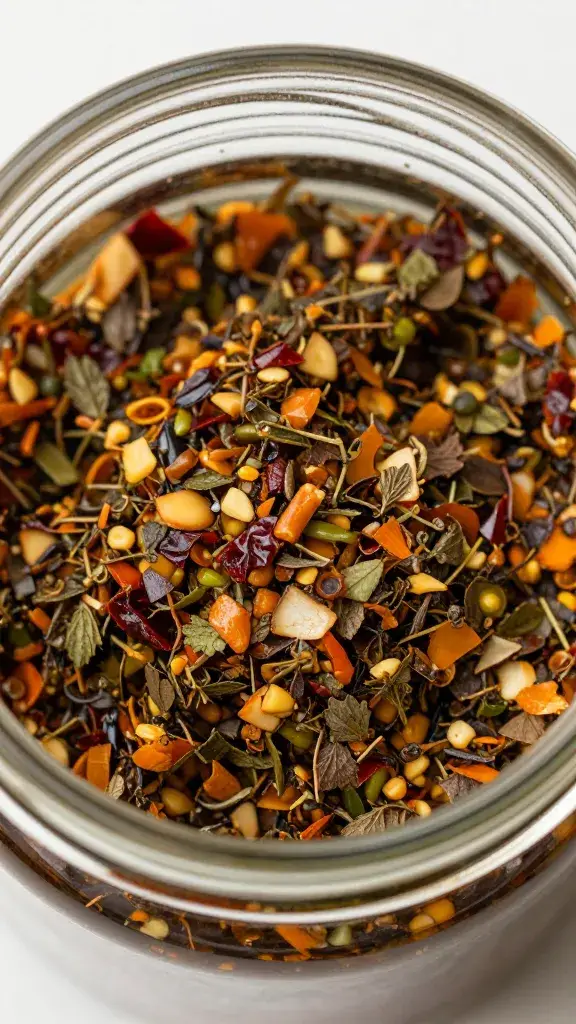 glass jar of chili crisp fines herbes, overhead macro