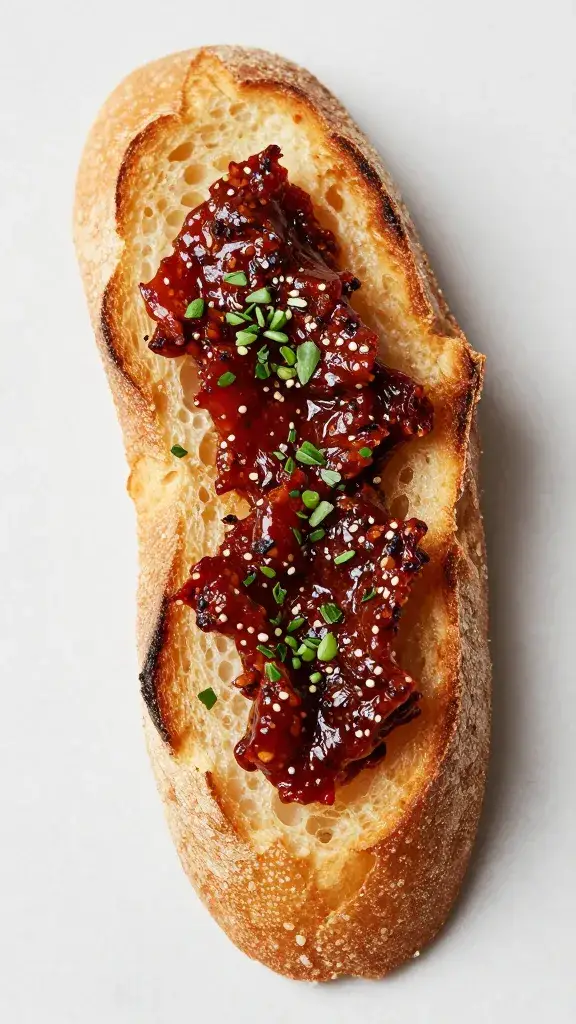 toasted baguette slice with chili crisp fines herbes, close