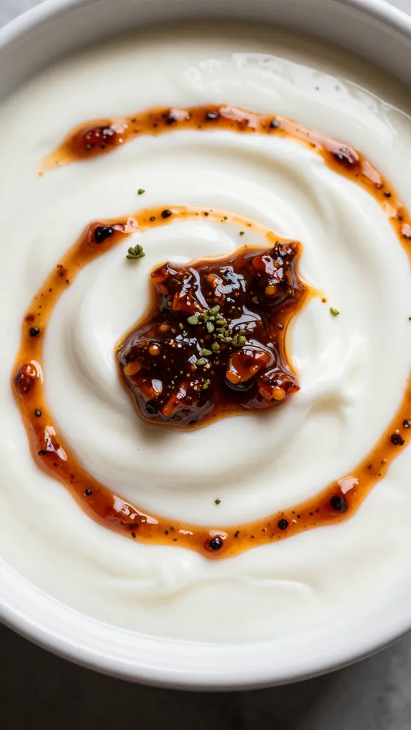 yogurt swirl with chili crisp fines herbes, tight macro