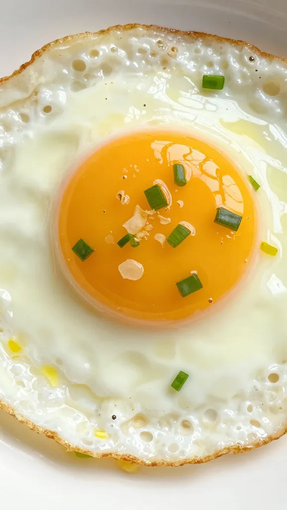 closeup fried egg crowned with ginger scallion oil