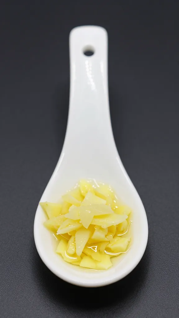 porcelain spoon with grated ginger and oil sheen