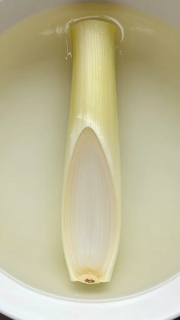 single scallion stalk sliced, submerged in clear oil