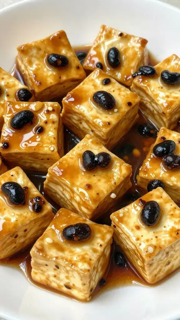 glossy tofu cube coated in black bean garlic sauce