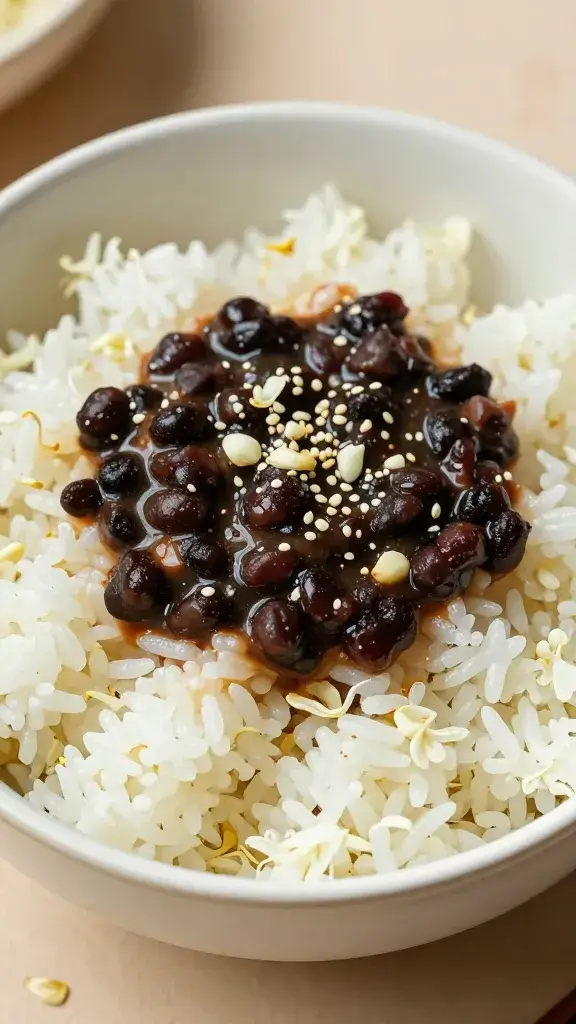 steamed jasmine rice bowl topped with black bean sauce