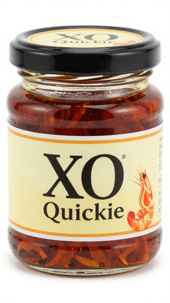 closeup jar of XO Quickie dried shrimp chili oil
