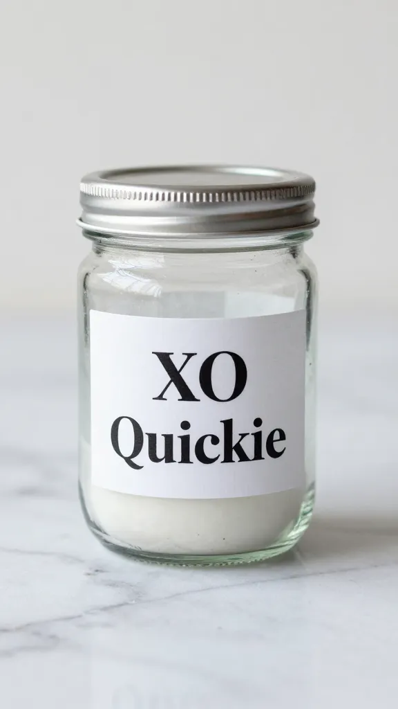 glass jar labeled “XO Quickie” on marble surface