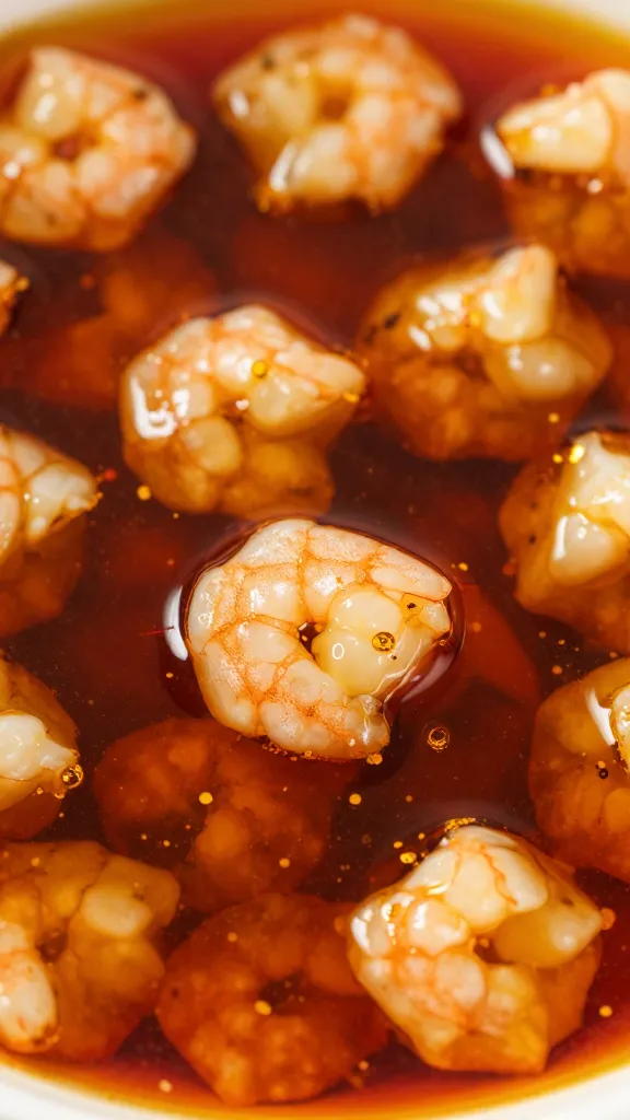 chili oil shimmering with shrimp bits, macro shot