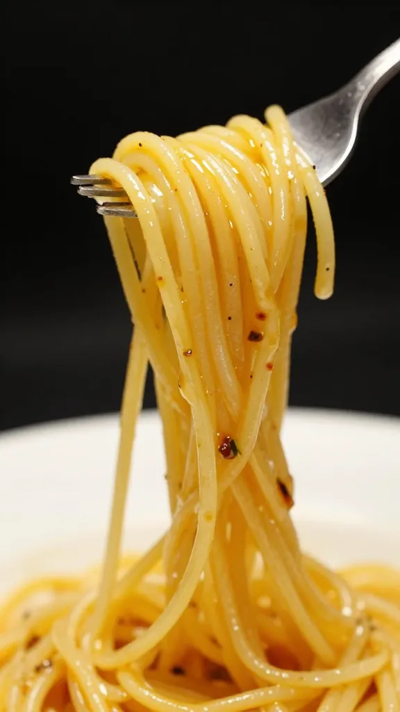Glossy spaghetti twirled on fork, colatura sheen