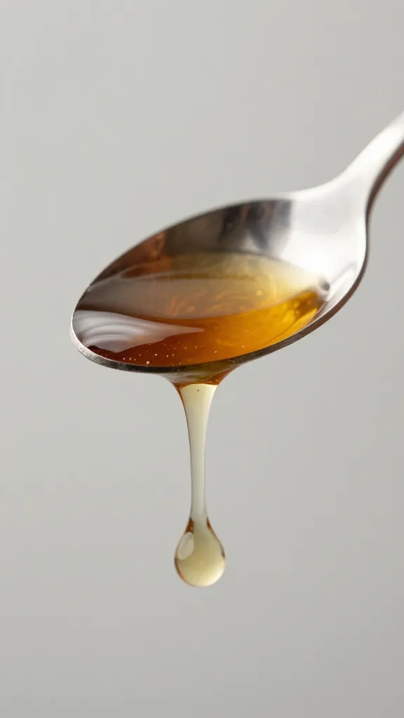 Amber colatura drop on silver spoon, macro