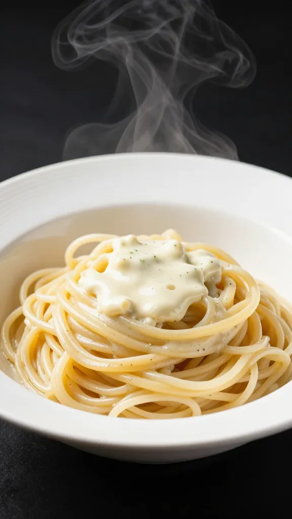 Single white bowl of colatura pasta, steam rising
