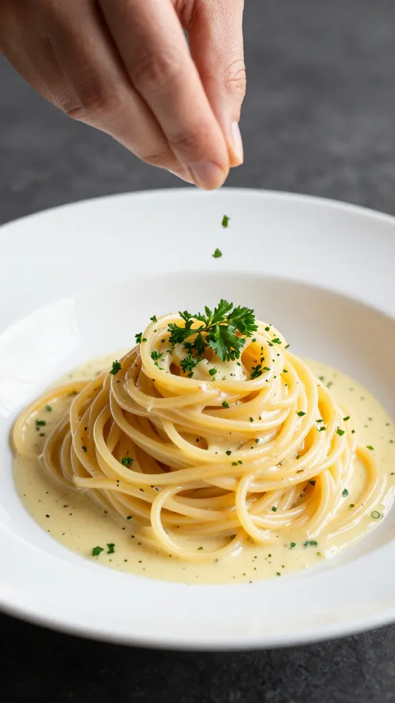 Hand sprinkling parsley over plated colatura spaghetti
