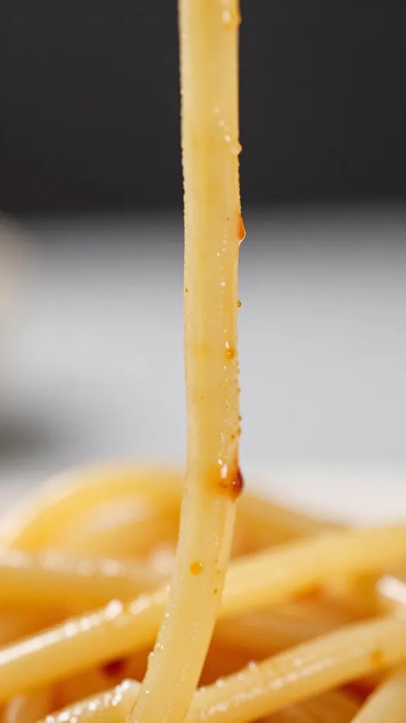 Single strand of pasta coated in sauce, macro shot