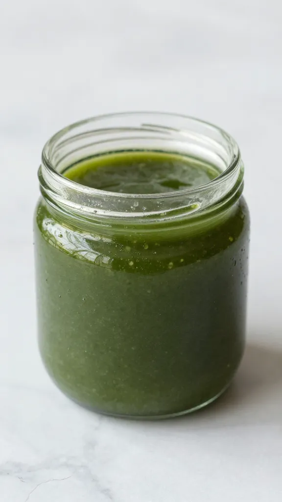 closeup jar of S’chug Verde on marble countertop