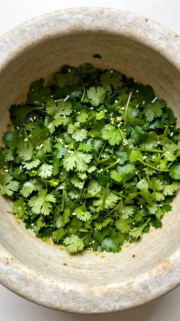 mortar of cilantro-garlic S’chug, top-down macro
