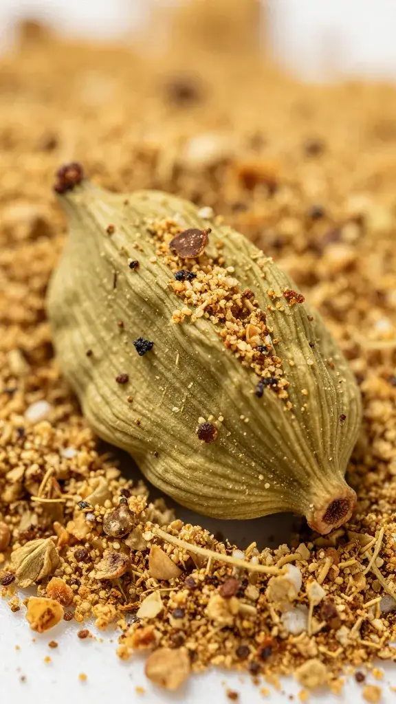 toasted cardamom pod dusted with S’chug, macro