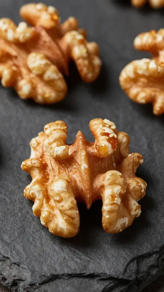 toasted walnut halves on dark slate, macro texture