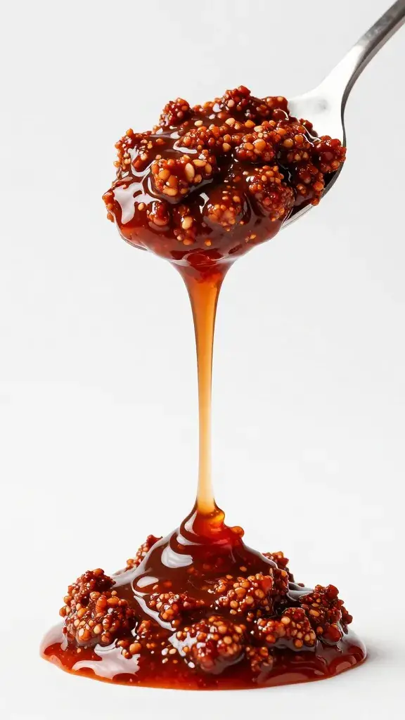 spoonful of silky muhammara dripping, studio lighting