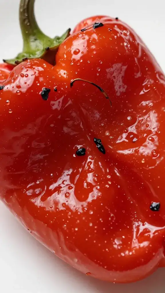 glossy roasted red pepper, charred skin closeup