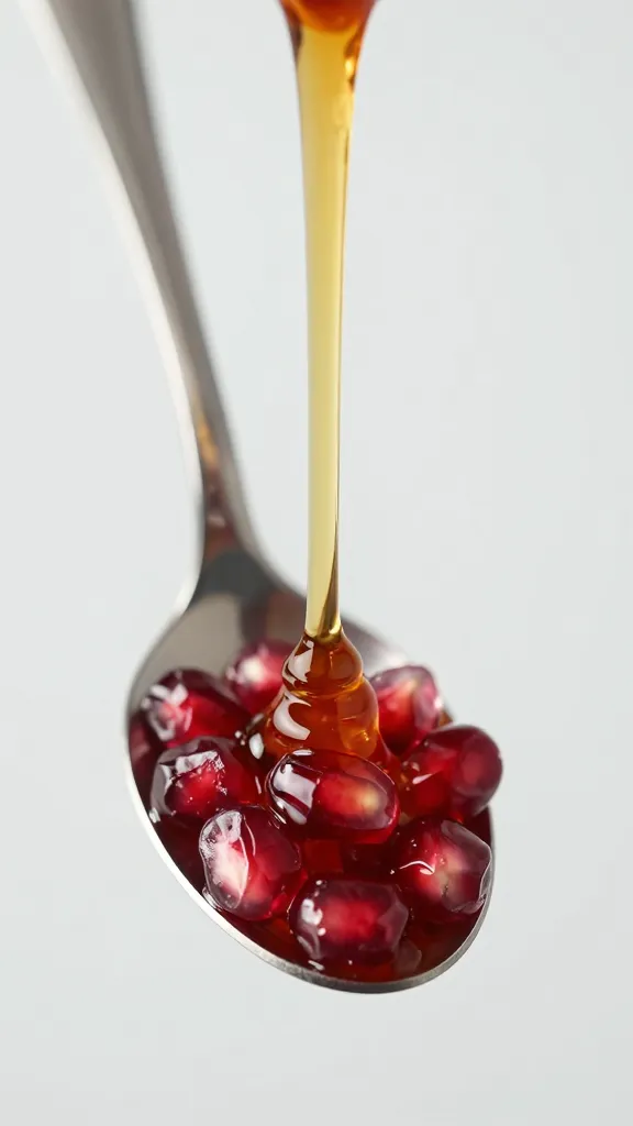 drizzle of pomegranate molasses on stainless spoon