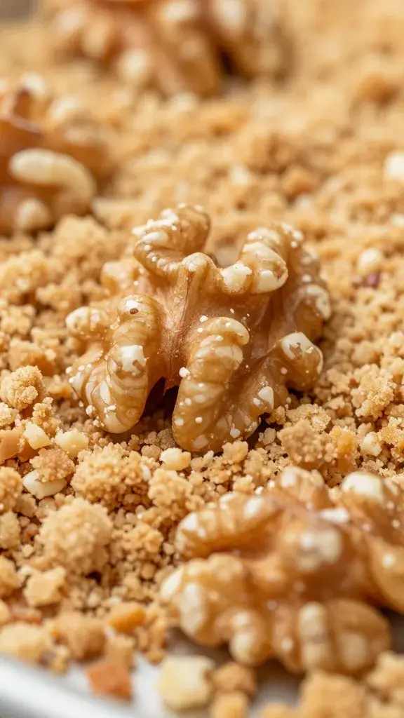 artisan walnut breadcrumb crumble, tight macro shot