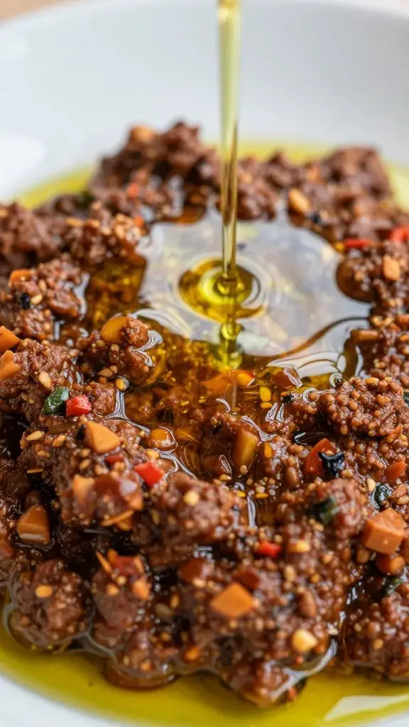 olive oil sheen pooling atop muhammara, shallow focus