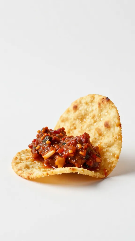 single pita chip dipped in muhammara, clean background