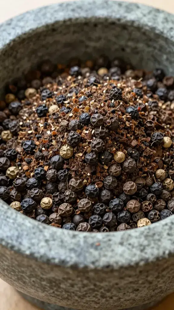 mortar with freshly ground Aleppo pepper, close detail
