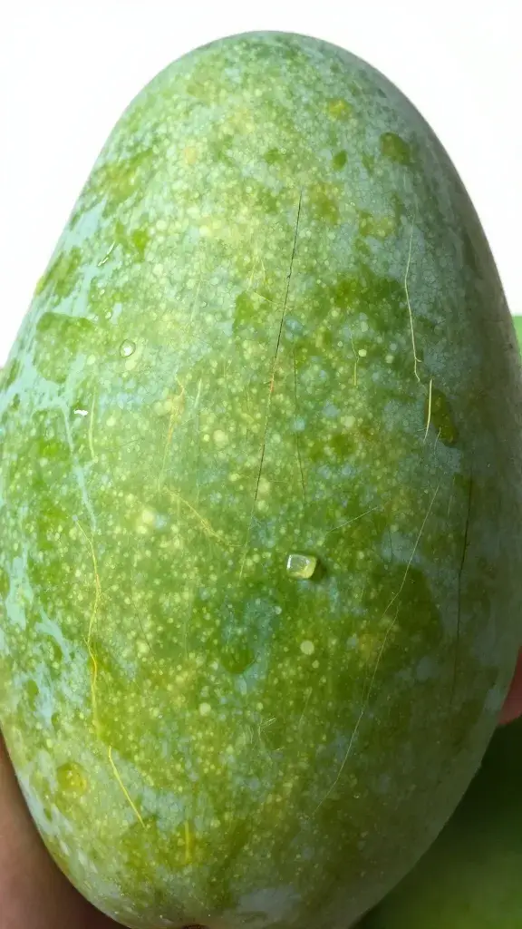 closeup green unripe mango with knife score marks
