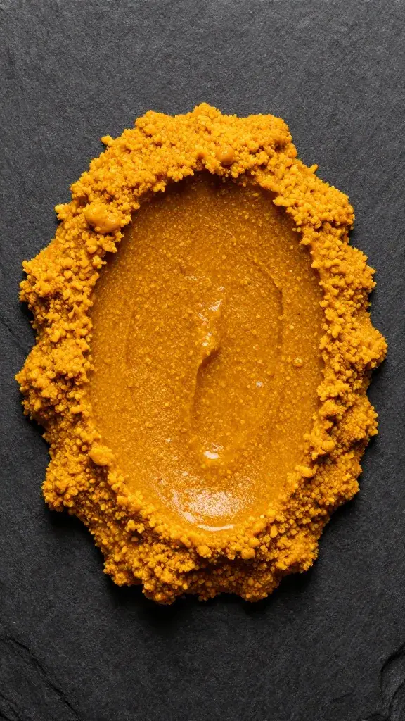 turmeric-dusted amba smear on black slate