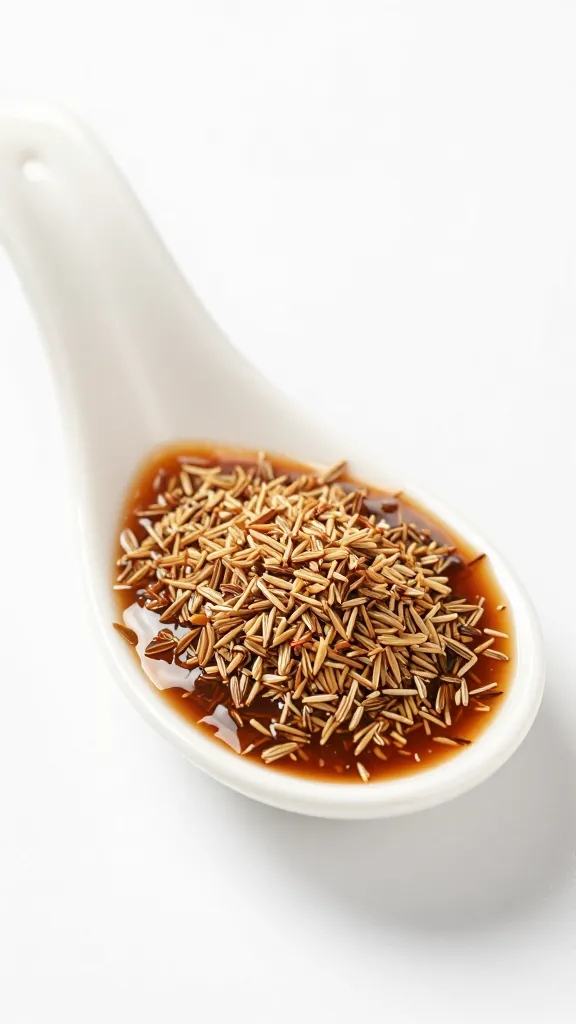cumin-coated amba drizzle on ceramic spoon
