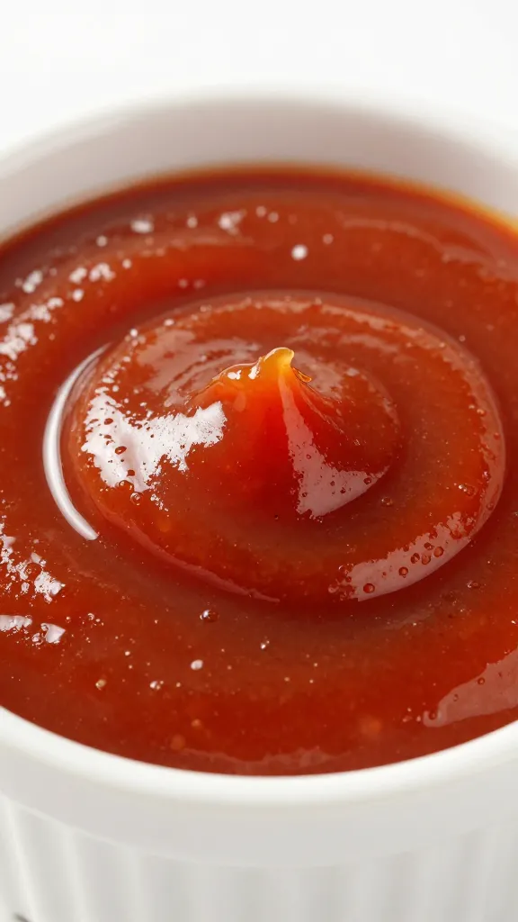 closeup ramekin of baharat ketchup with glossy swirl