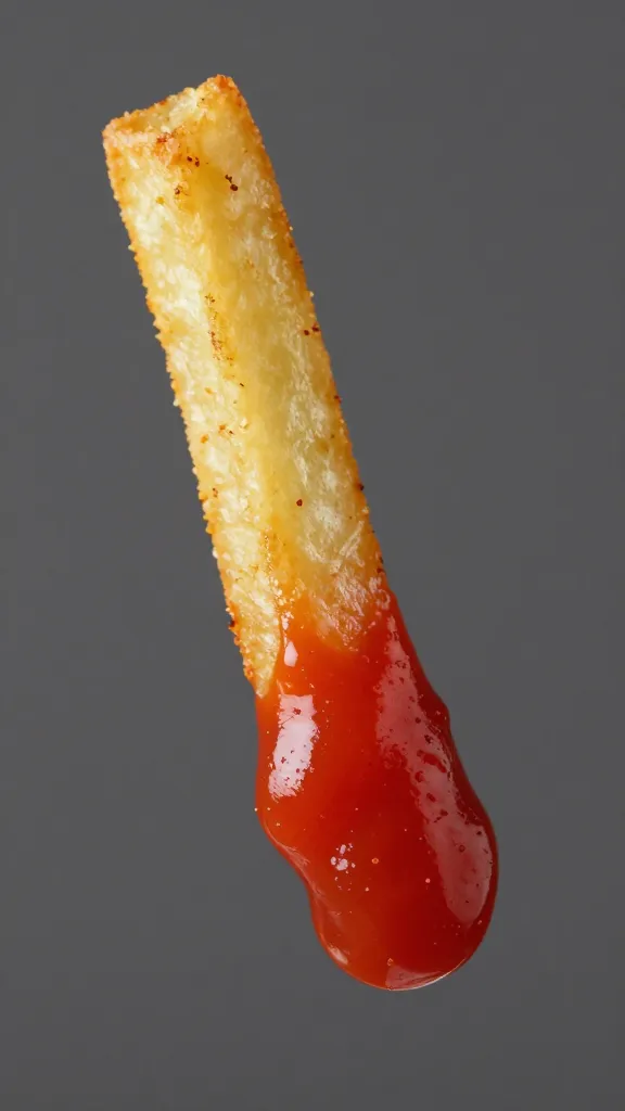 single french fry dipped in baharat ketchup, macro shot