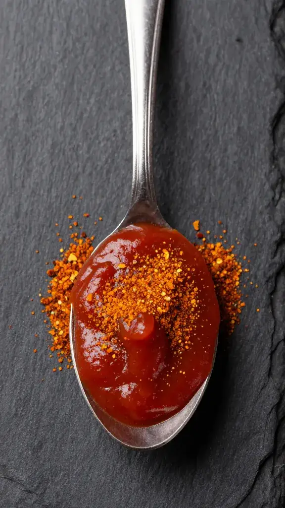 spoonful of baharat ketchup on slate board, overhead
