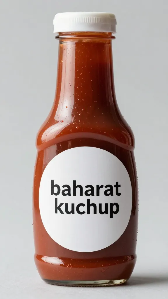 closeup of ketchup bottle labeled “baharat ketchup,” studio light