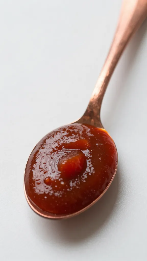 copper spoon resting in thick baharat ketchup, tight crop